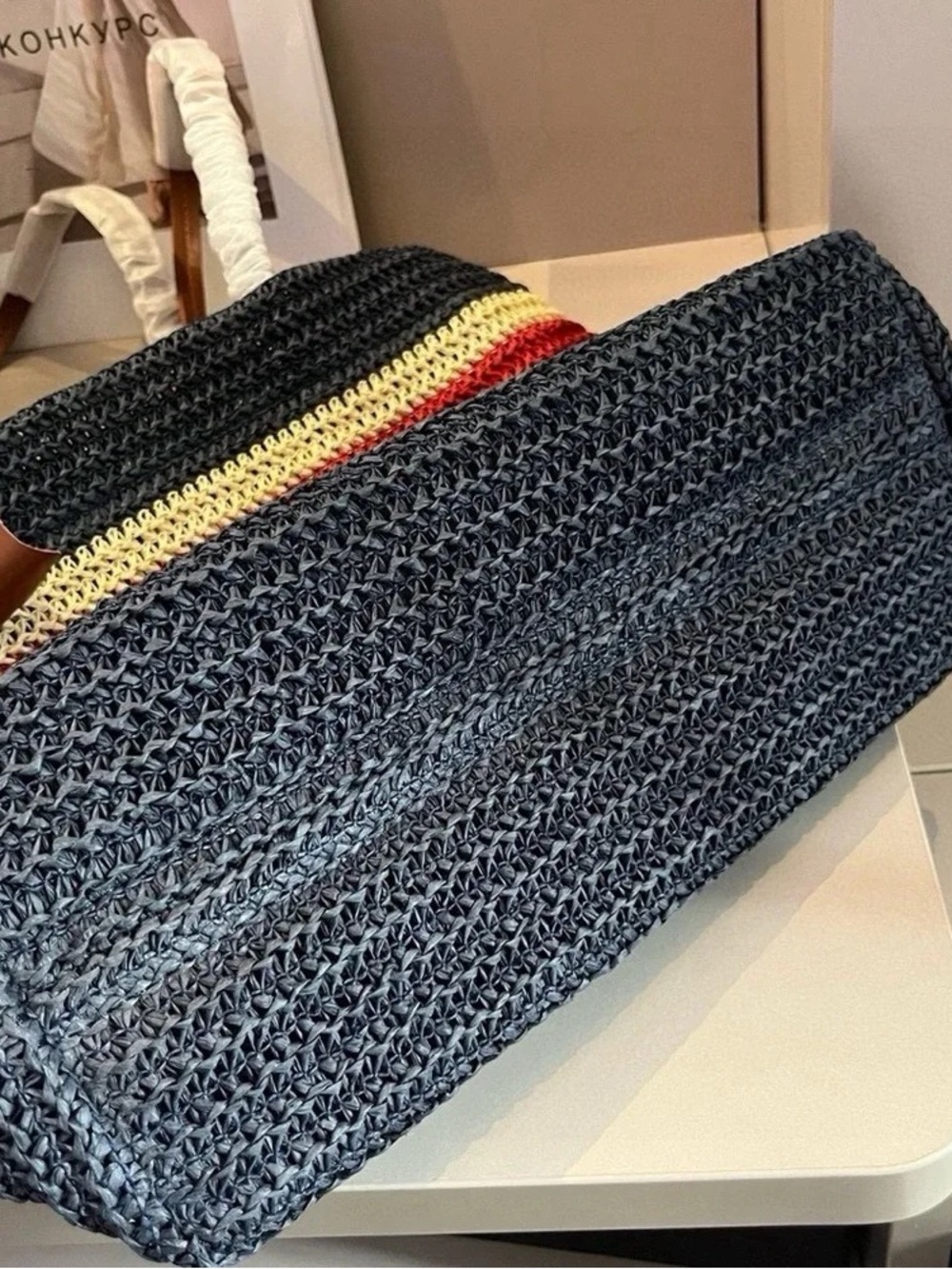 Miu Miu Navy, Red and Cream Striped Woven Tote - Picture 4 of 8